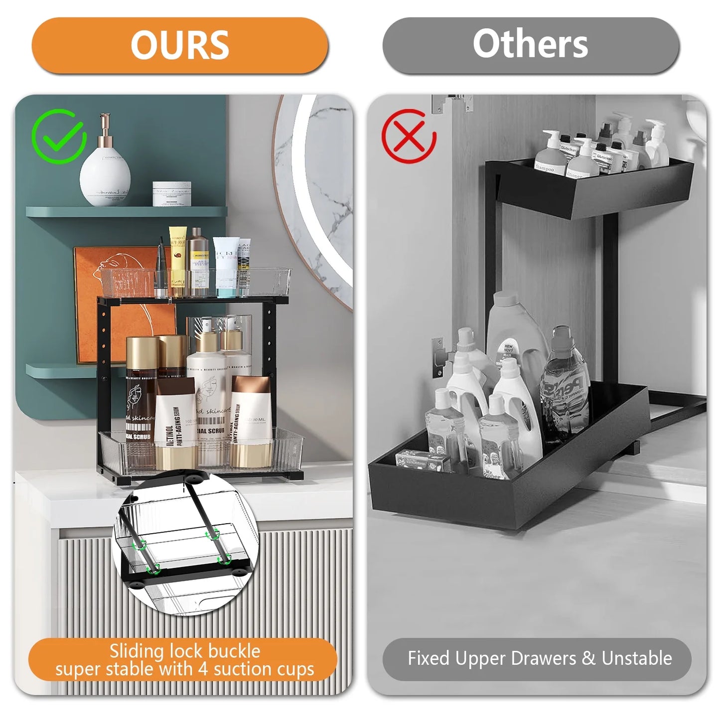 Acrylic under Sink Organizer, 2 Tier Adjuatable Pull Out Cabinet Organizer for Kitchen Bathroom Cabinet