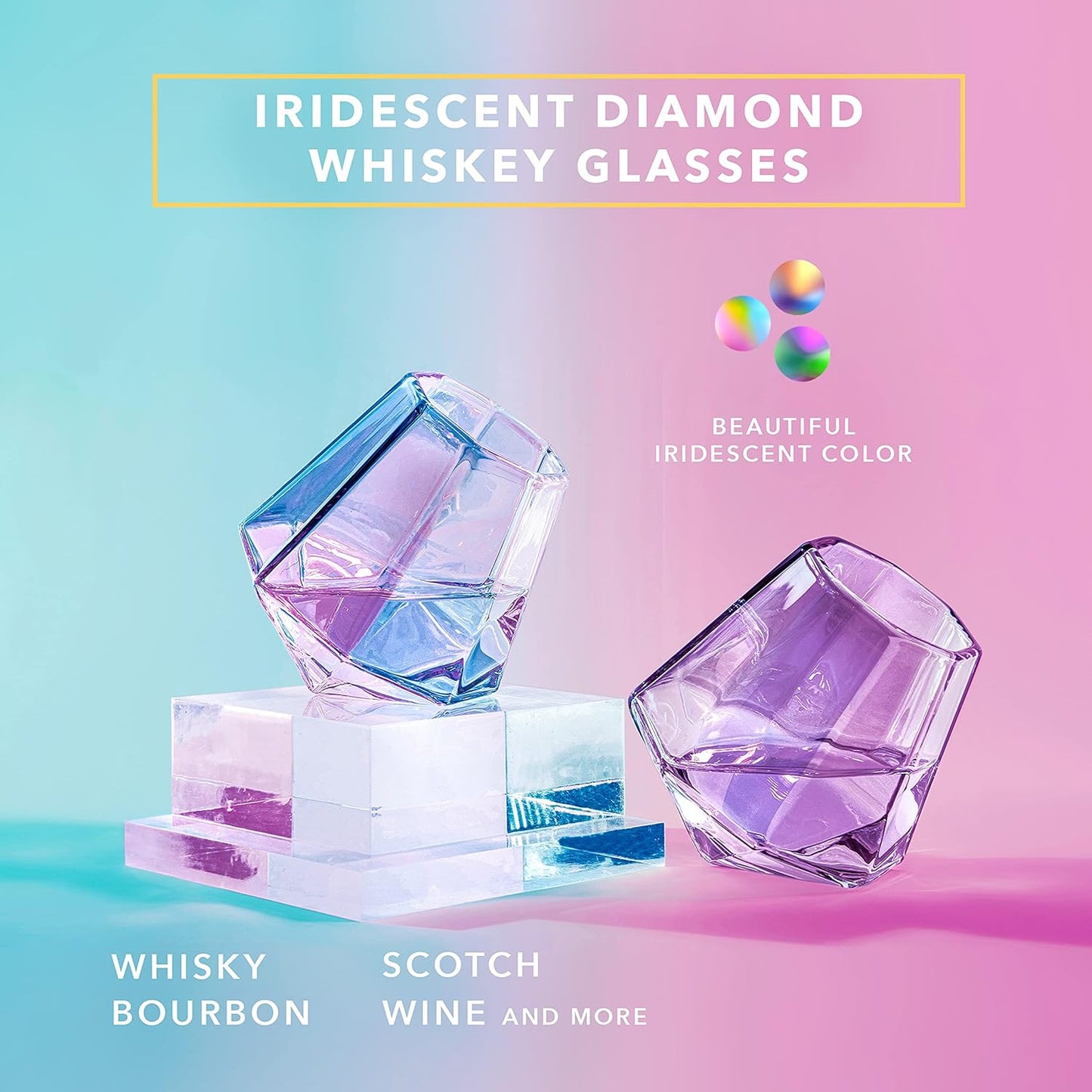Whiskey Glasses - 10 Oz Iridescent Diamond Shaped Whiskey Glasses Set of 2 - Wine and Bourbon Barware That Naturally Aerates - Unique Drinkware