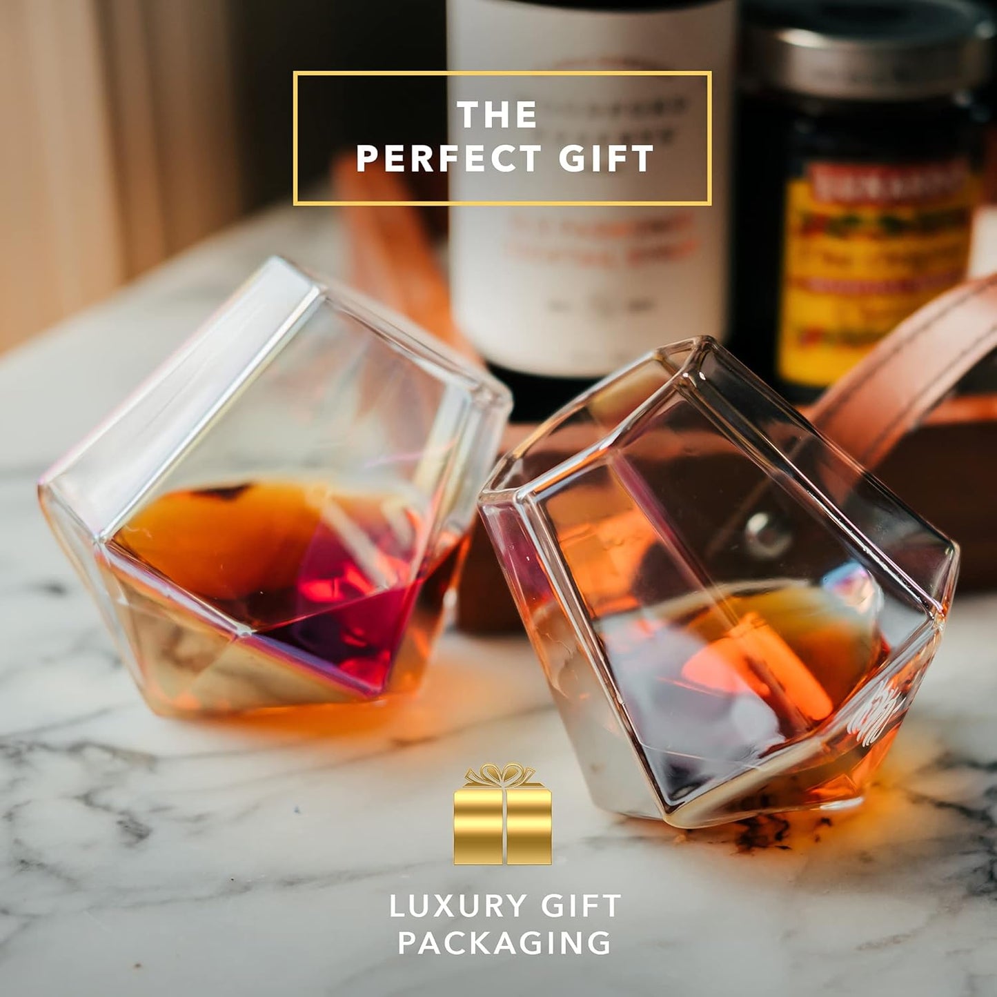 Whiskey Glasses - 10 Oz Iridescent Diamond Shaped Whiskey Glasses Set of 2 - Wine and Bourbon Barware That Naturally Aerates - Unique Drinkware