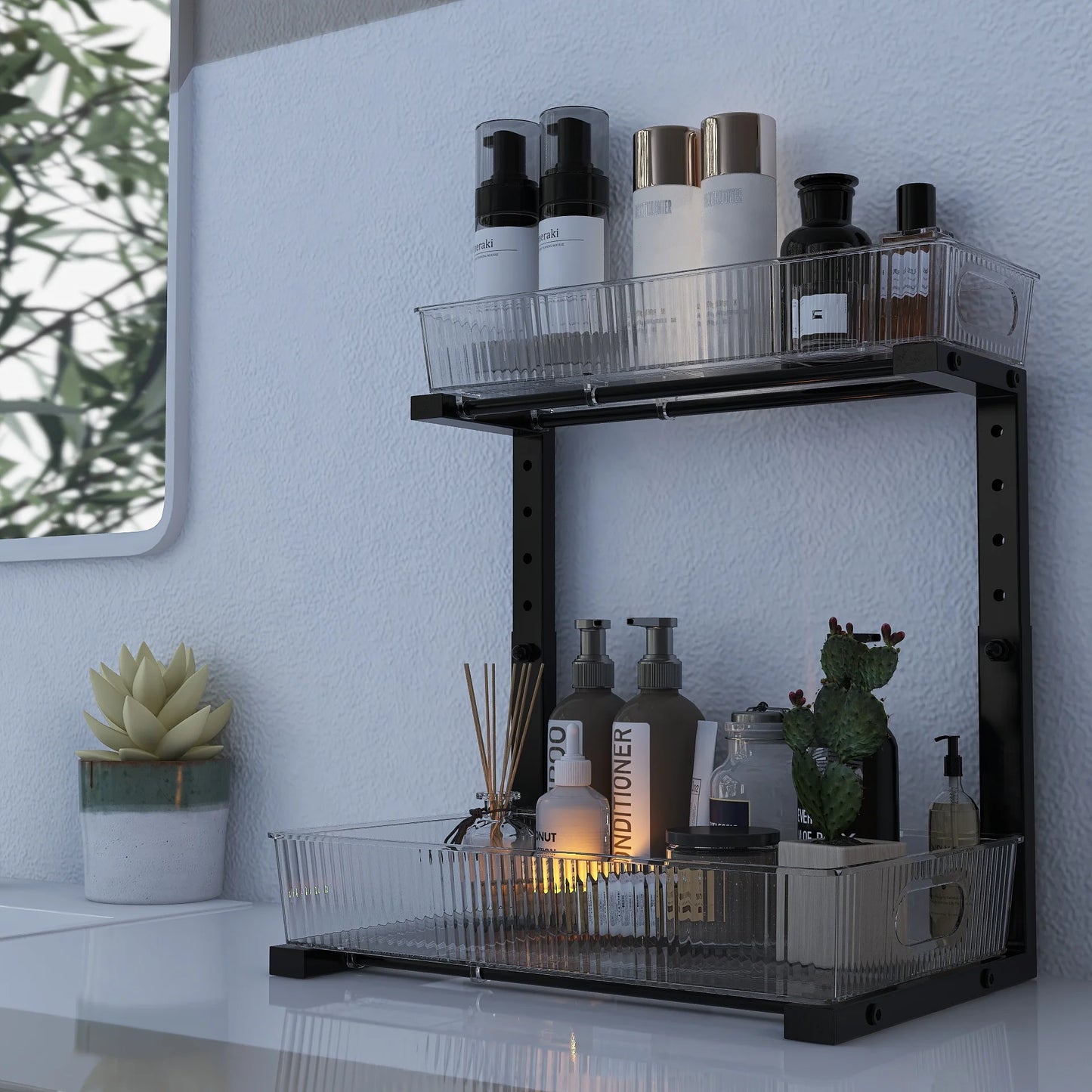 Acrylic under Sink Organizer, 2 Tier Adjuatable Pull Out Cabinet Organizer for Kitchen Bathroom Cabinet