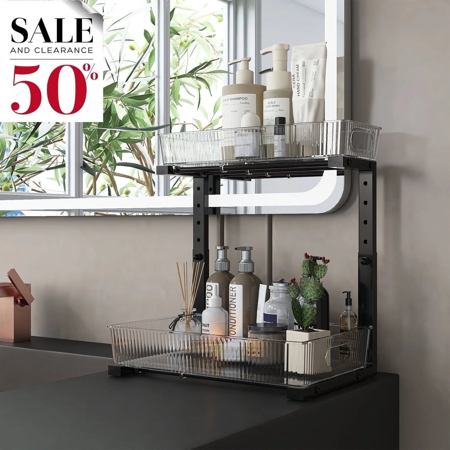 Acrylic under Sink Organizer, 2 Tier Adjuatable Pull Out Cabinet Organizer for Kitchen Bathroom Cabinet