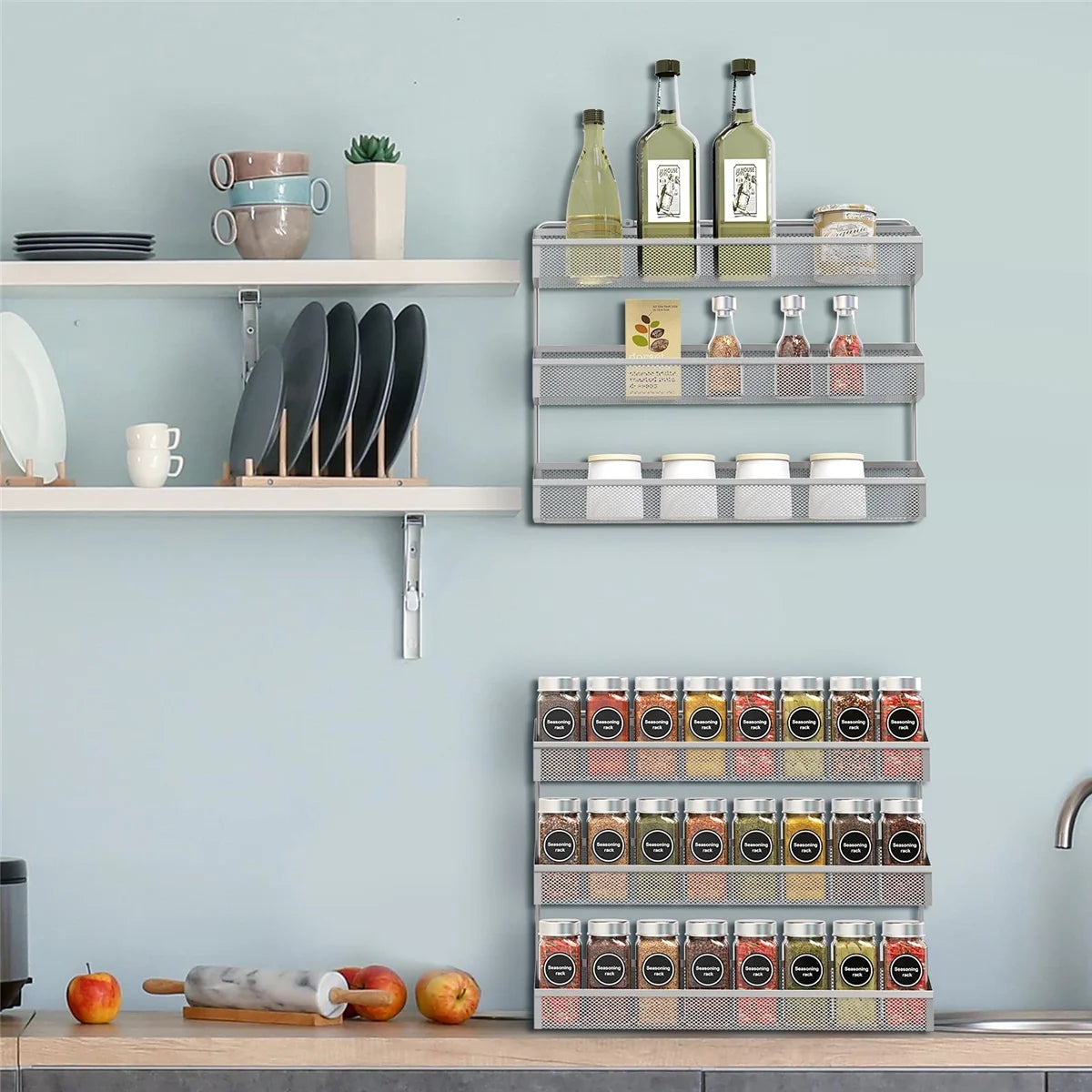 2 Pack Spice Rack Organizer, 3 Tier Counter-Top Stand or Wall Mounted Storage Rack Hanging Shelf for Kitchen Cabinet, Cupboard, Pantry Door or Bathroom Shower Cosmetic - Chrome