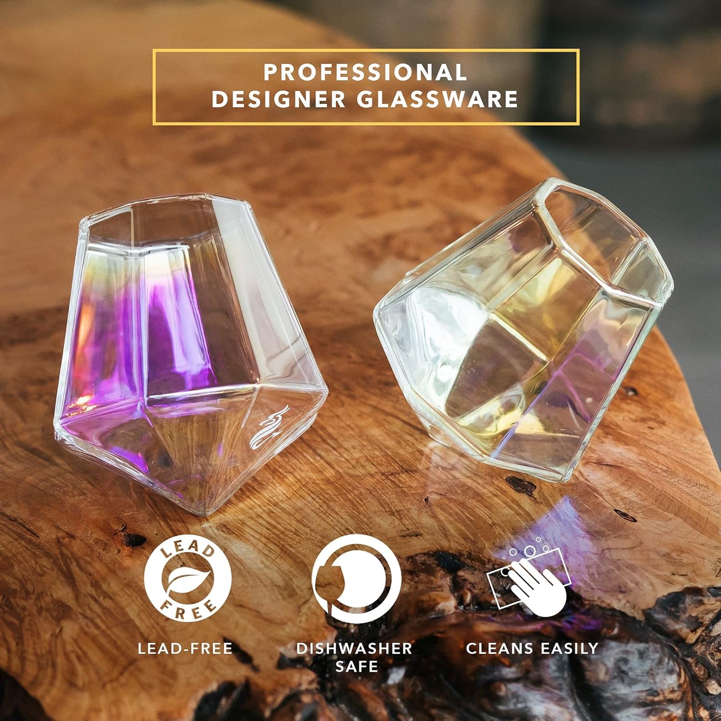 Whiskey Glasses - 10 Oz Iridescent Diamond Shaped Whiskey Glasses Set of 2 - Wine and Bourbon Barware That Naturally Aerates - Unique Drinkware