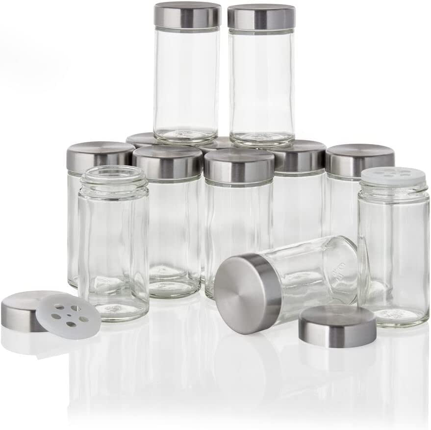 Clear Reusable 3 Oz Jars with Stainless Steel Shaker Lids, and Twist-On Caps for Airtight Seals 12 Pk