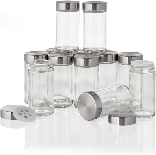 Clear Reusable 3 Oz Jars with Stainless Steel Shaker Lids, and Twist-On Caps for Airtight Seals 12 Pk
