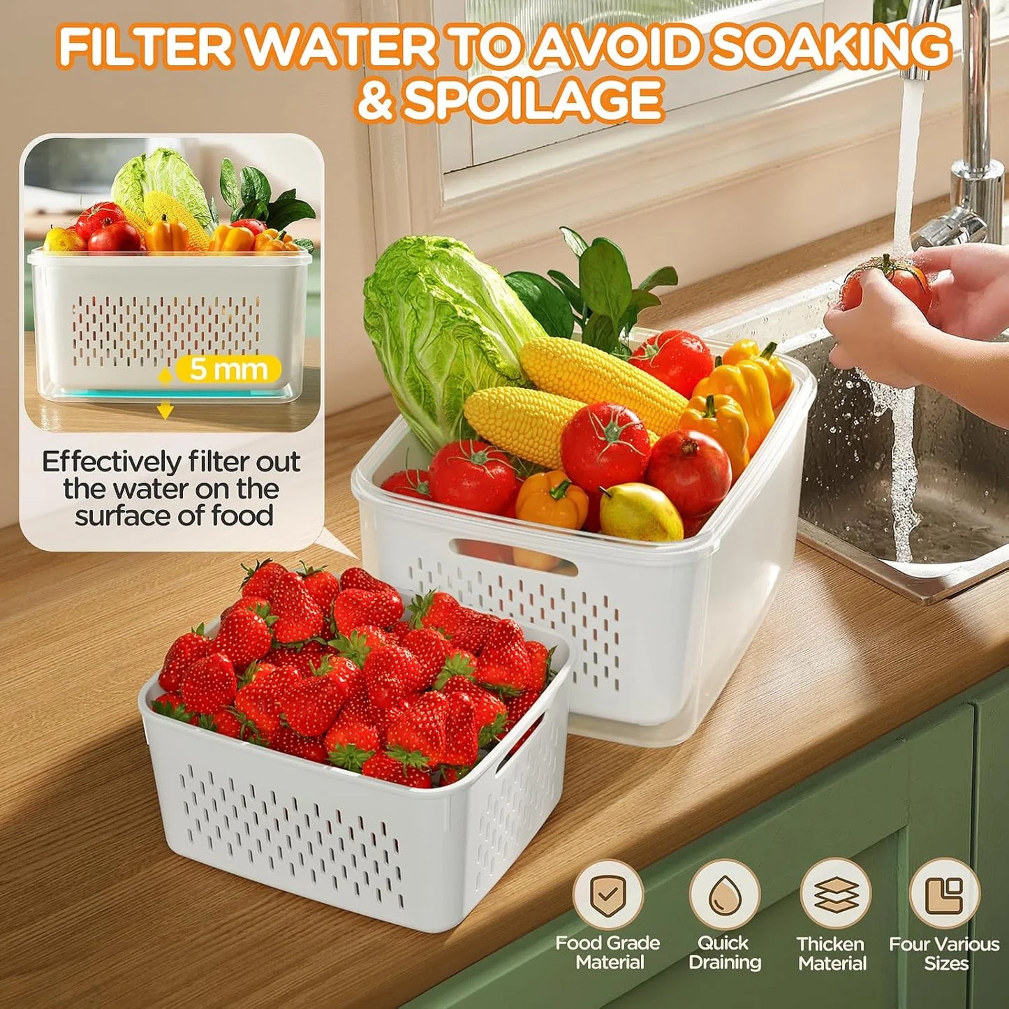 8 Pack Fruit Storage Containers for Fridge, Leakproof Fruit Containers for Fridge with Colanders, Bpa-Free Produce Storage Containers with Lids Keep Fruits, Vegetables, Berry, Meat Fresh Longer