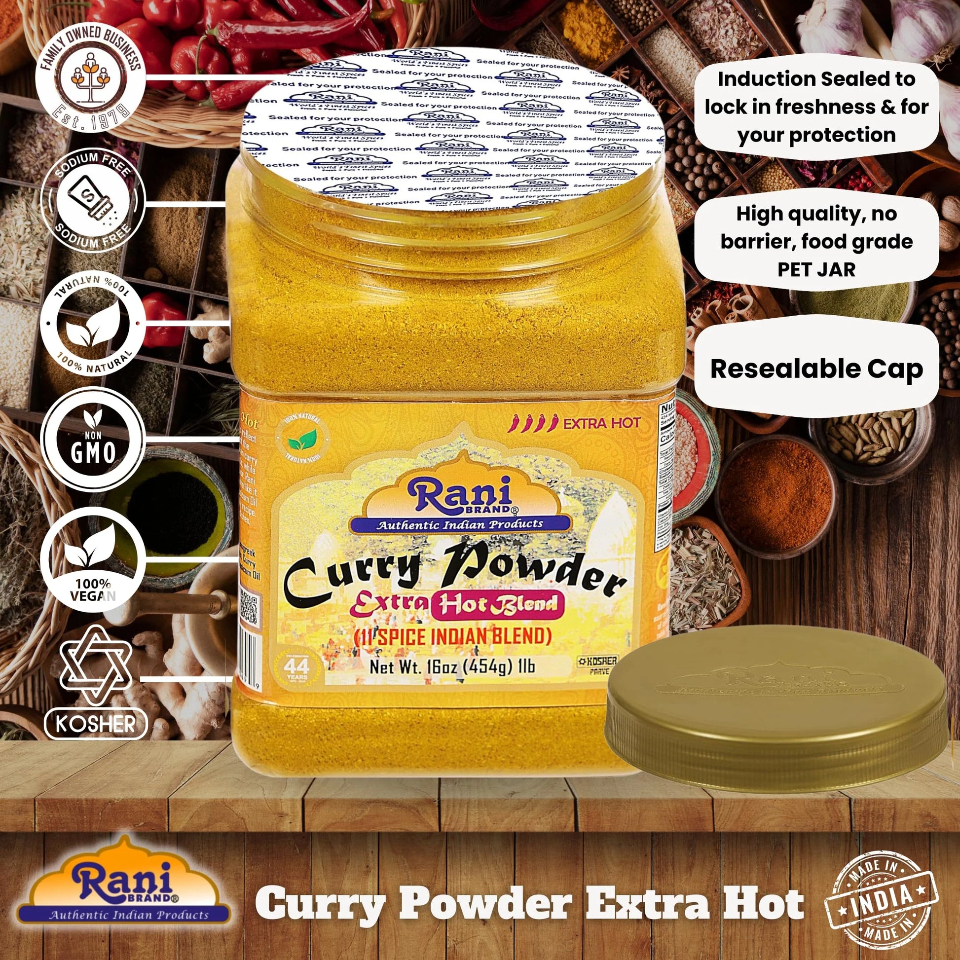 Rani Curry Powder EXTRA HOT (11-Spice Authentic Indian Blend) 16Oz (1Lb) 454G PET Jar ~ All Natural | Salt-Free | Vegan | No Colors | Gluten Friendly | NON-GMO | Kosher | Indian Origin