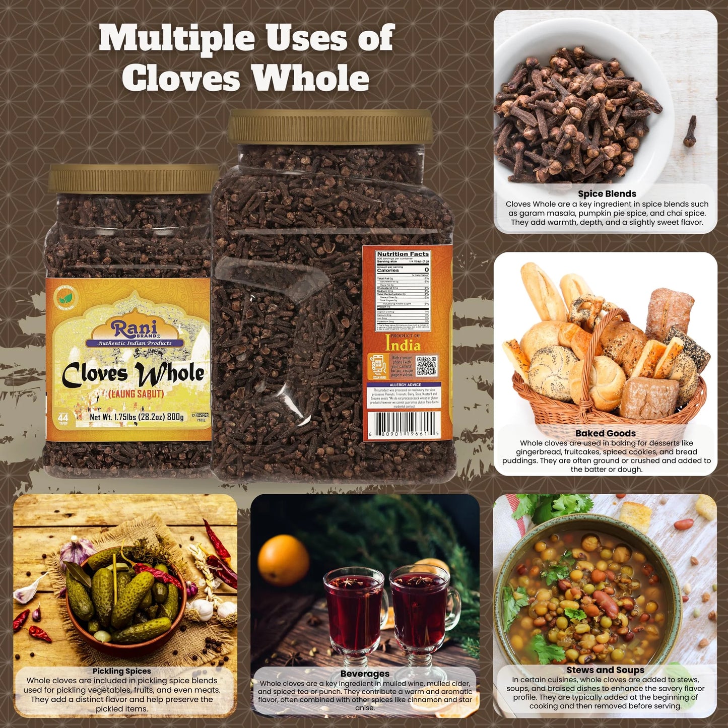 Rani Cloves Whole (Laung) 28Oz (800G) Great for Food, Tea, Pomander Balls and Potpourri, Hand Selected, Spice, Bulk PET Jar ~ All Natural | NON-GMO | Vegan | Gluten Friendly | Kosher | Indian Origin