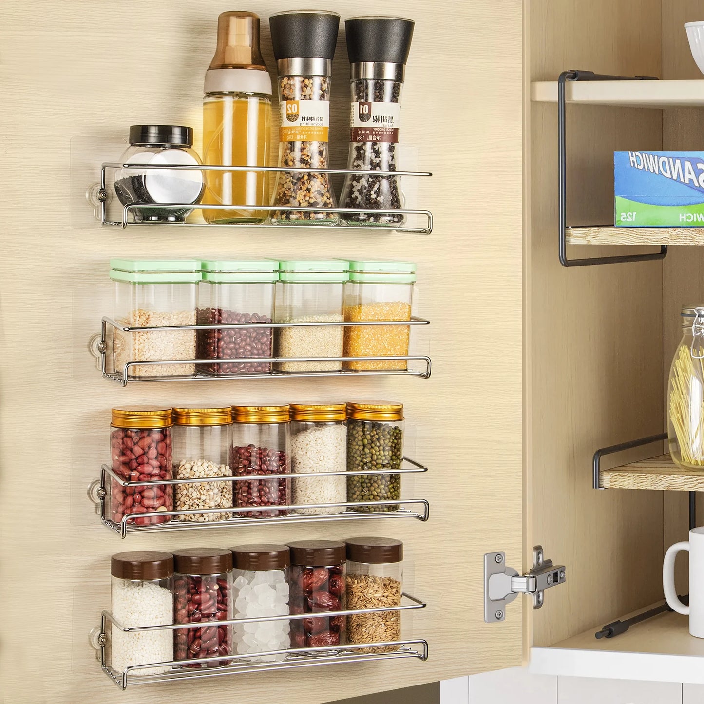 Wall Mount Spice Rack Organizer for Cabinet Door (4 Pack) - Screw or Adhesive Hanging Seasoning Shelf for Cupboard Pantry (Silver)