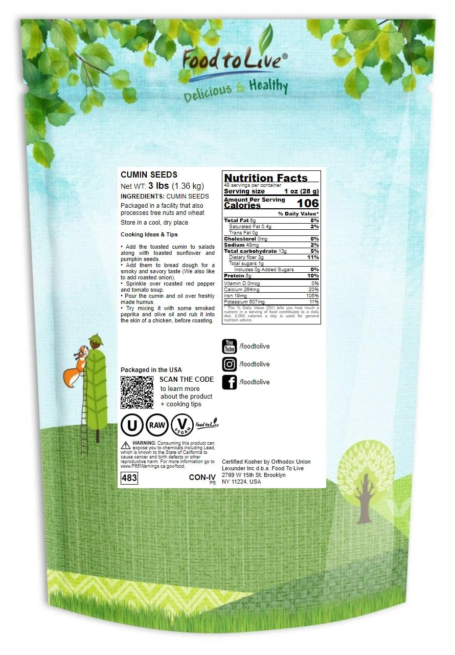 Cumin Seeds, 3 Pounds — Kosher, Raw, Vegan — by