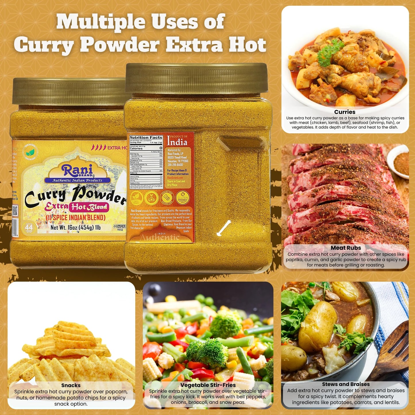 Rani Curry Powder EXTRA HOT (11-Spice Authentic Indian Blend) 16Oz (1Lb) 454G PET Jar ~ All Natural | Salt-Free | Vegan | No Colors | Gluten Friendly | NON-GMO | Kosher | Indian Origin
