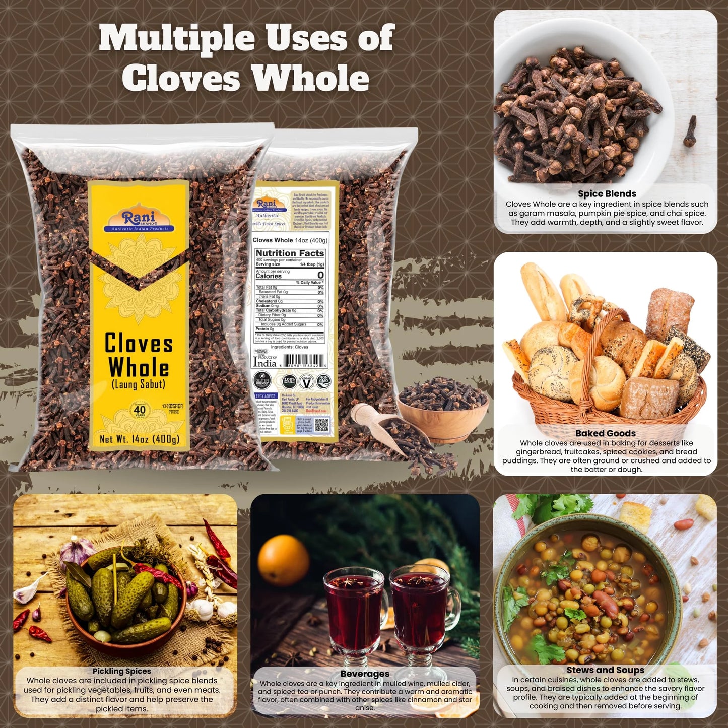 Rani Cloves Whole (Laung) 14Oz (400G) Great for Food, Tea, Pomander Balls and Potpourri, Hand Selected, Spice ~ All Natural | NON-GMO | Kosher | Vegan | Gluten Friendly | Indian Origin