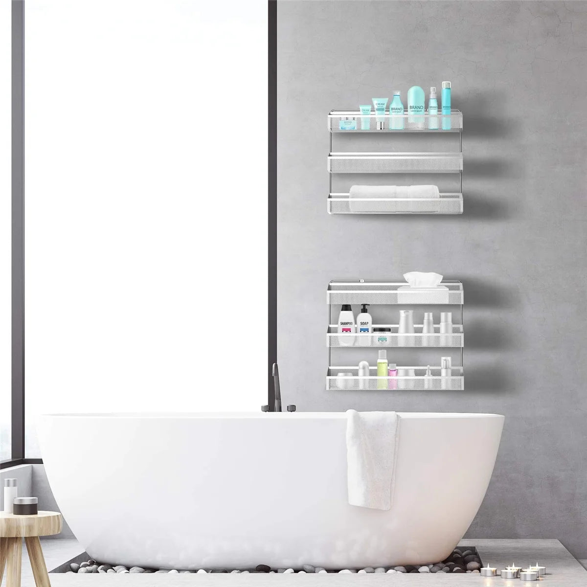 2 Pack Spice Rack Organizer, 3 Tier Counter-Top Stand or Wall Mounted Storage Rack Hanging Shelf for Kitchen Cabinet, Cupboard, Pantry Door or Bathroom Shower Cosmetic - Chrome