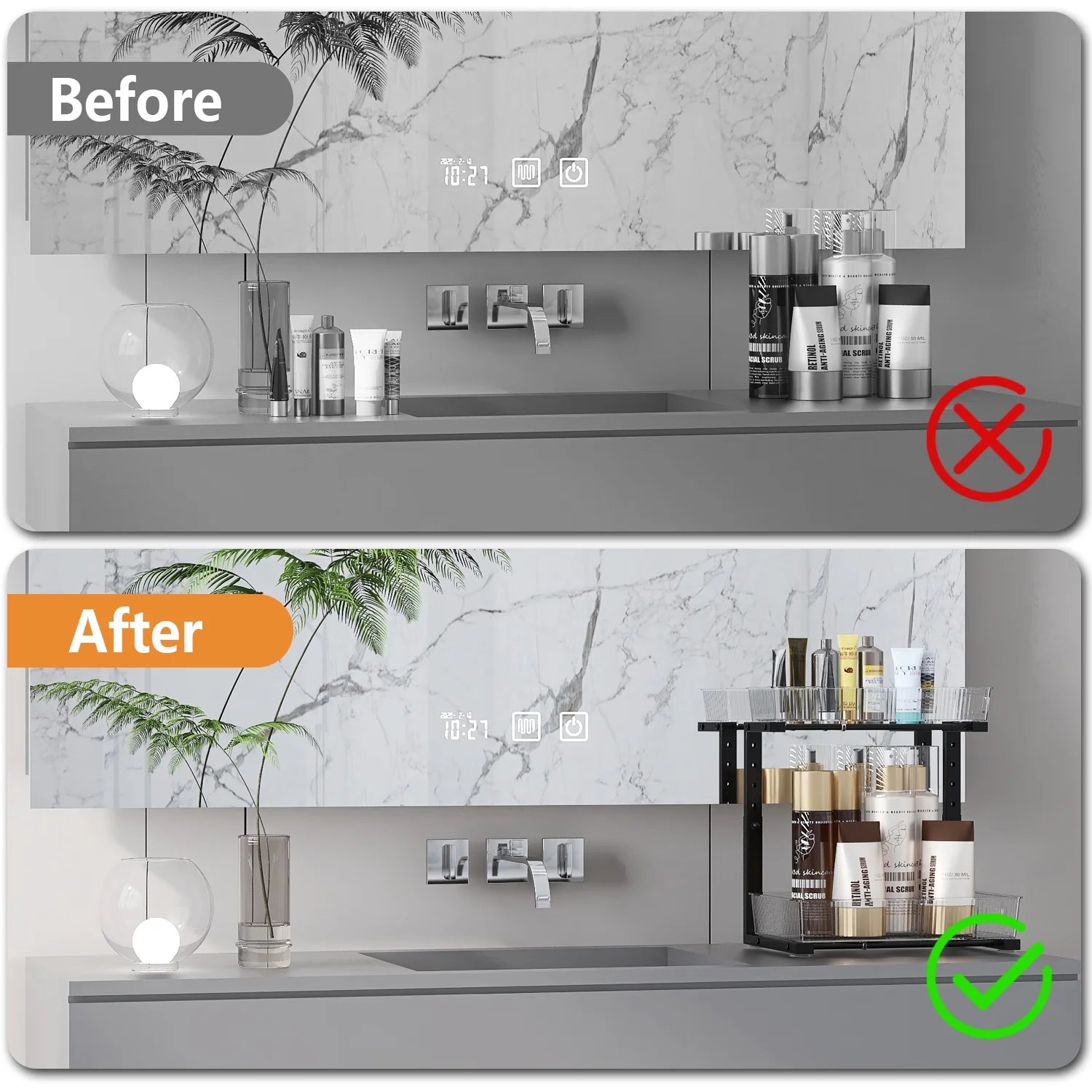 Acrylic under Sink Organizer, 2 Tier Adjuatable Pull Out Cabinet Organizer for Kitchen Bathroom Cabinet