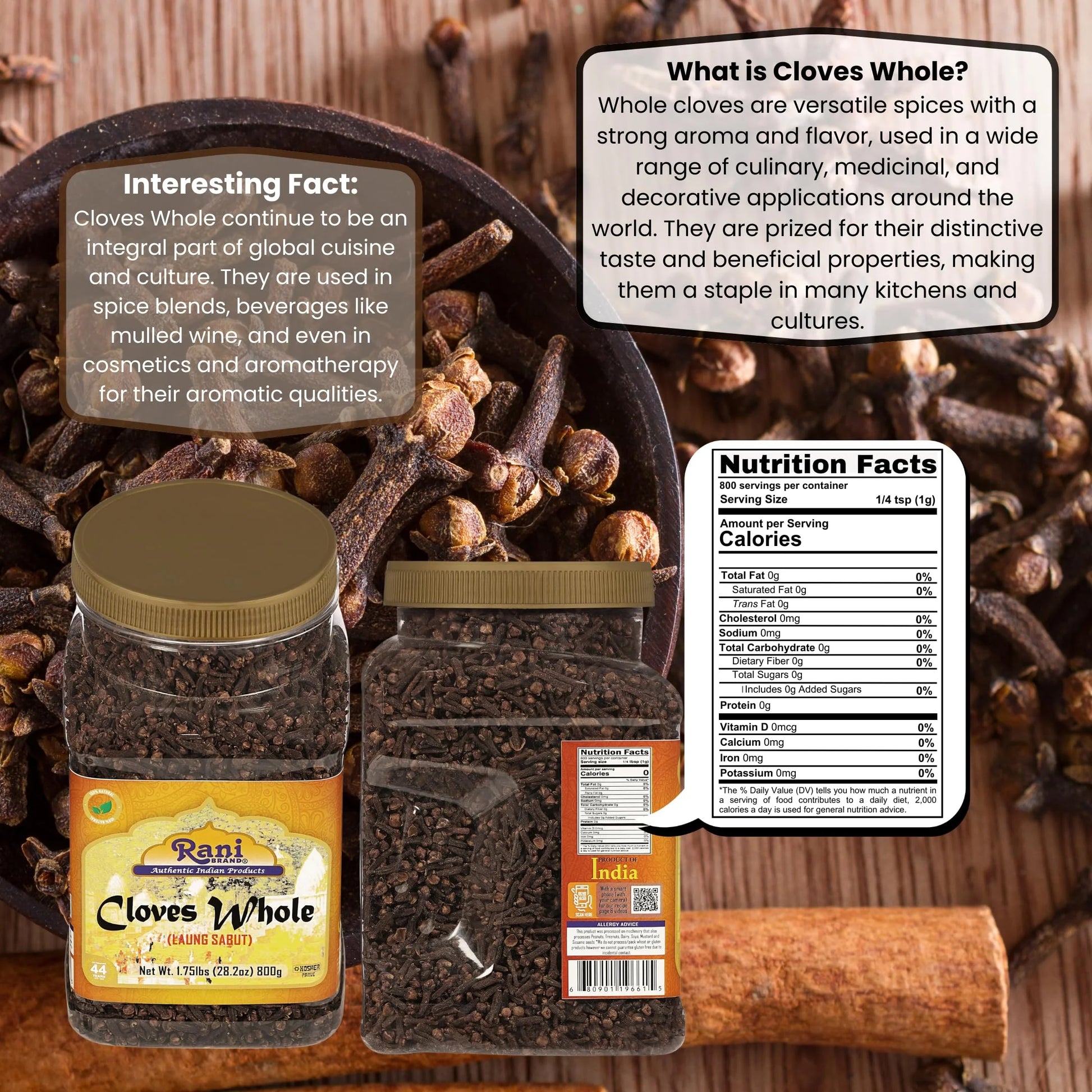 Rani Cloves Whole (Laung) 28Oz (800G) Great for Food, Tea, Pomander Balls and Potpourri, Hand Selected, Spice, Bulk PET Jar ~ All Natural | NON-GMO | Vegan | Gluten Friendly | Kosher | Indian Origin