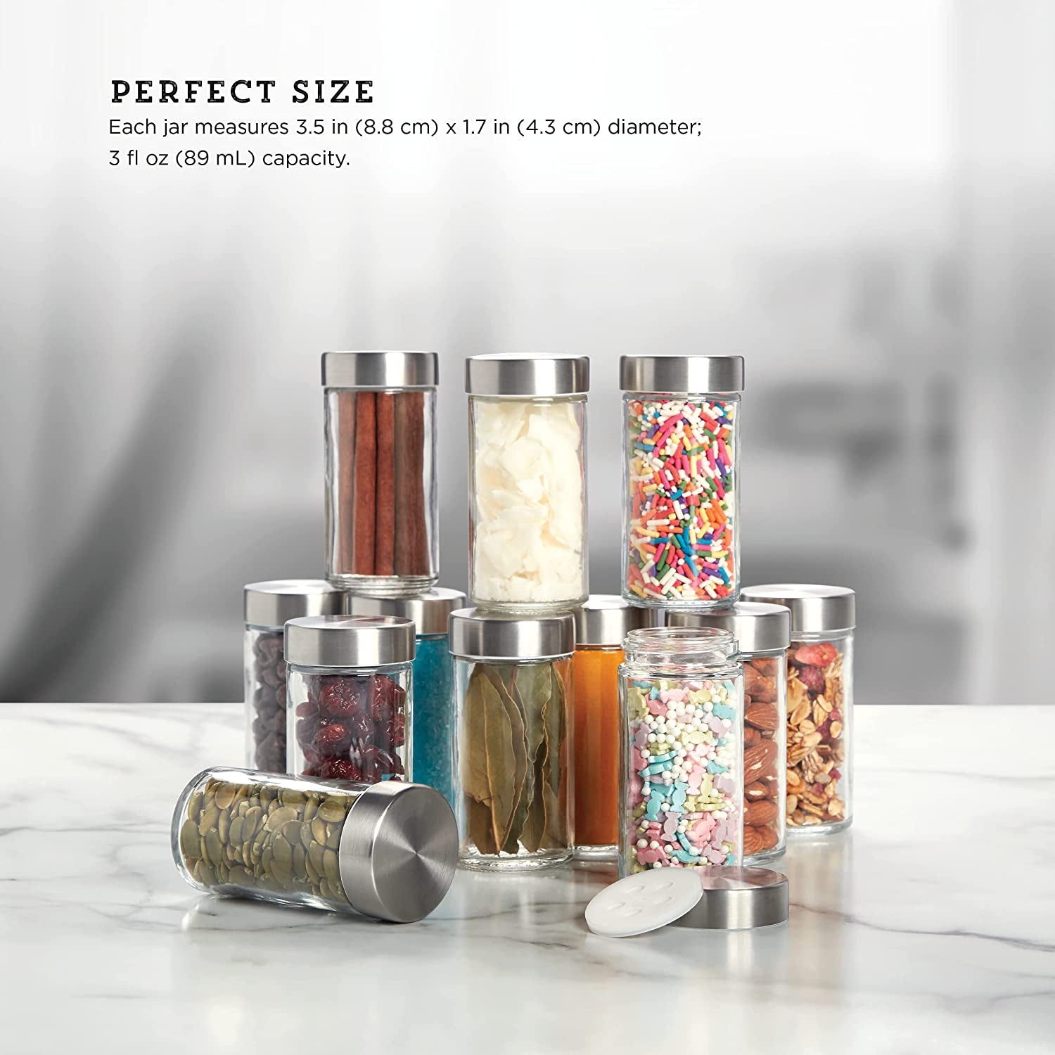 Clear Reusable 3 Oz Jars with Stainless Steel Shaker Lids, and Twist-On Caps for Airtight Seals 12 Pk