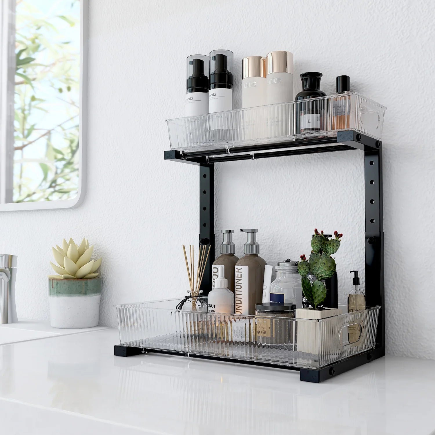Acrylic under Sink Organizer, 2 Tier Adjuatable Pull Out Cabinet Organizer for Kitchen Bathroom Cabinet
