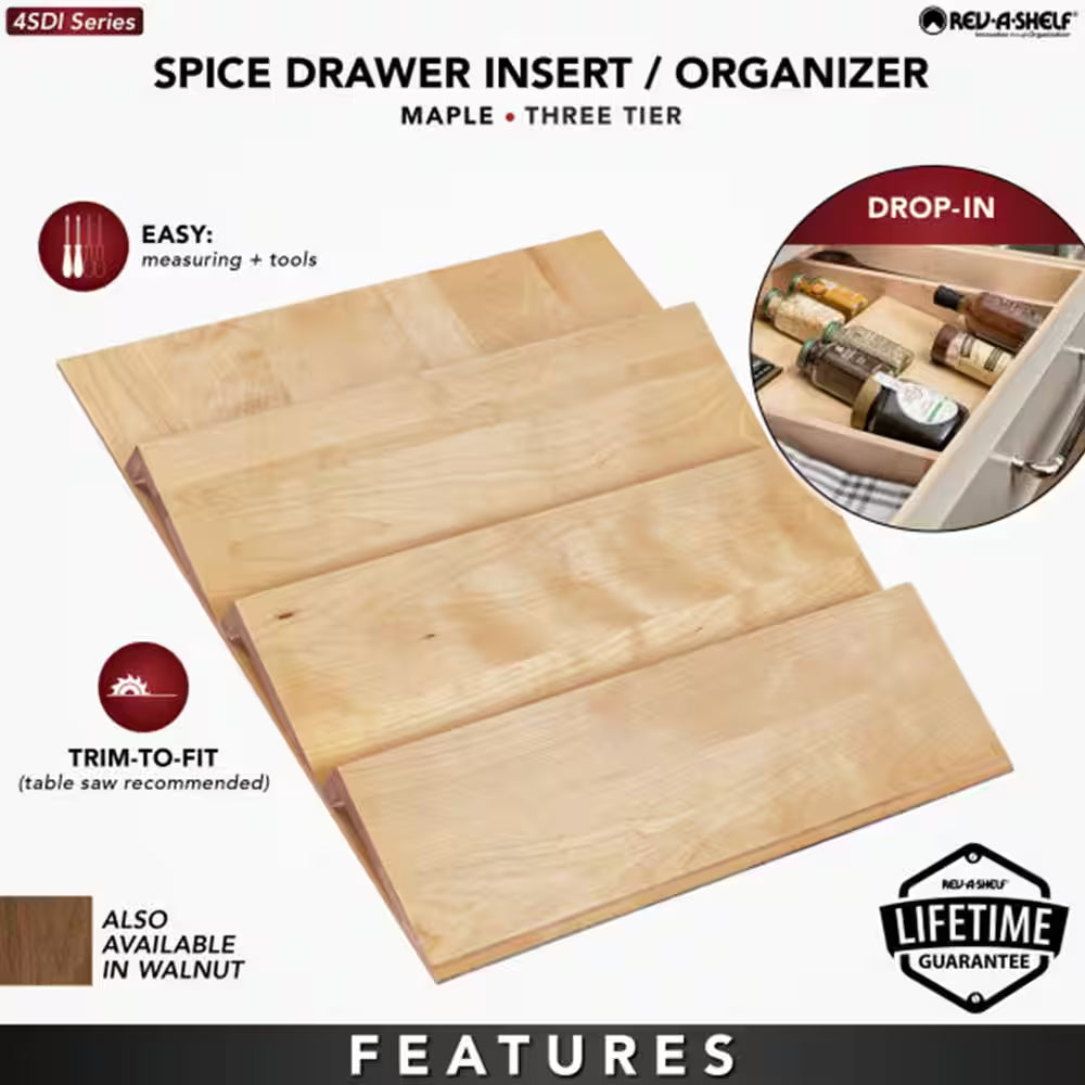 Maple 16 Inch Kitchen Drawer Organizer Insert Spice Rack 3-Tier
