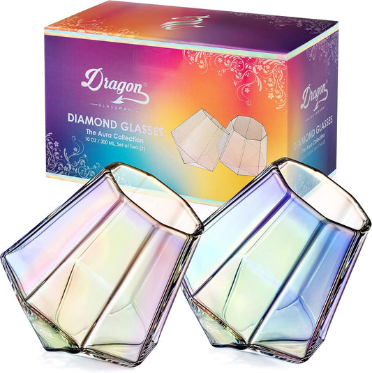 Whiskey Glasses - 10 Oz Iridescent Diamond Shaped Whiskey Glasses Set of 2 - Wine and Bourbon Barware That Naturally Aerates - Unique Drinkware