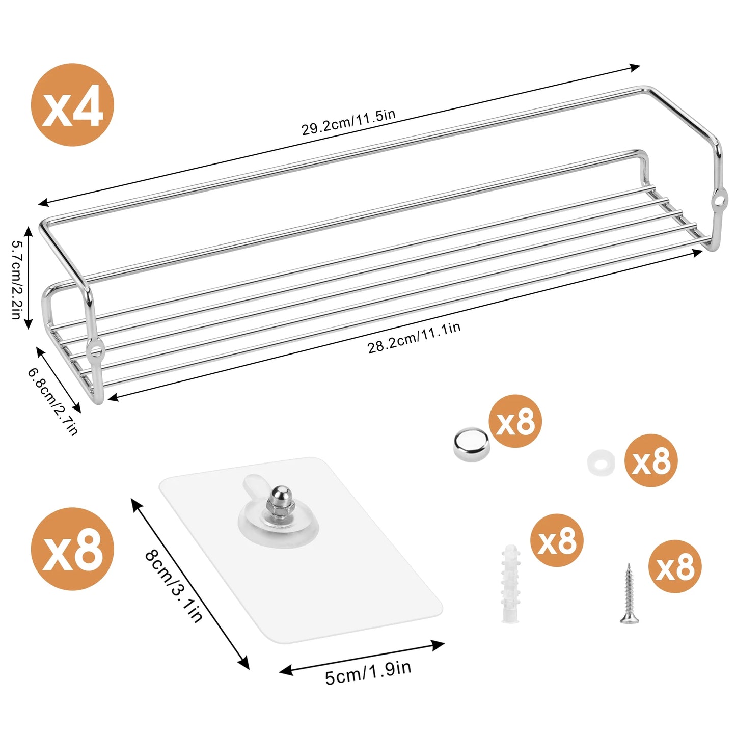 Wall Mount Spice Rack Organizer for Cabinet Door (4 Pack) - Screw or Adhesive Hanging Seasoning Shelf for Cupboard Pantry (Silver)