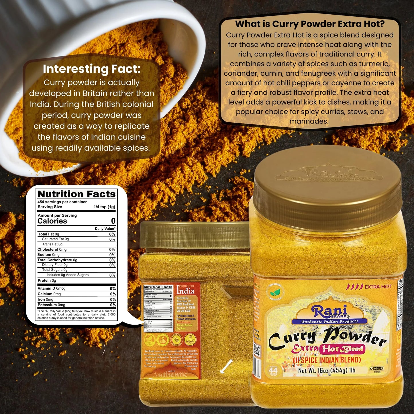 Rani Curry Powder EXTRA HOT (11-Spice Authentic Indian Blend) 16Oz (1Lb) 454G PET Jar ~ All Natural | Salt-Free | Vegan | No Colors | Gluten Friendly | NON-GMO | Kosher | Indian Origin