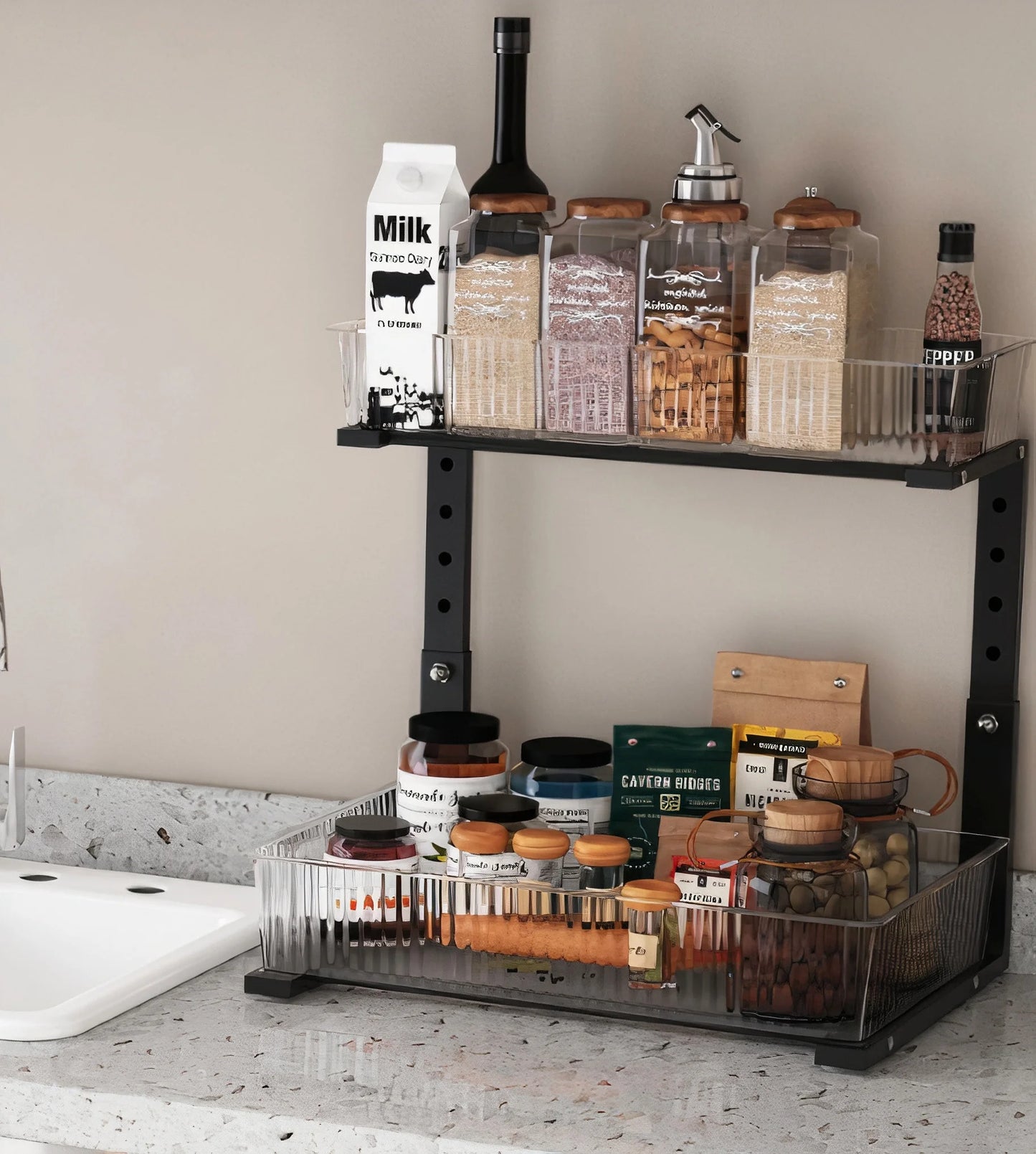 Acrylic under Sink Organizer, 2 Tier Adjuatable Pull Out Cabinet Organizer for Kitchen Bathroom Cabinet