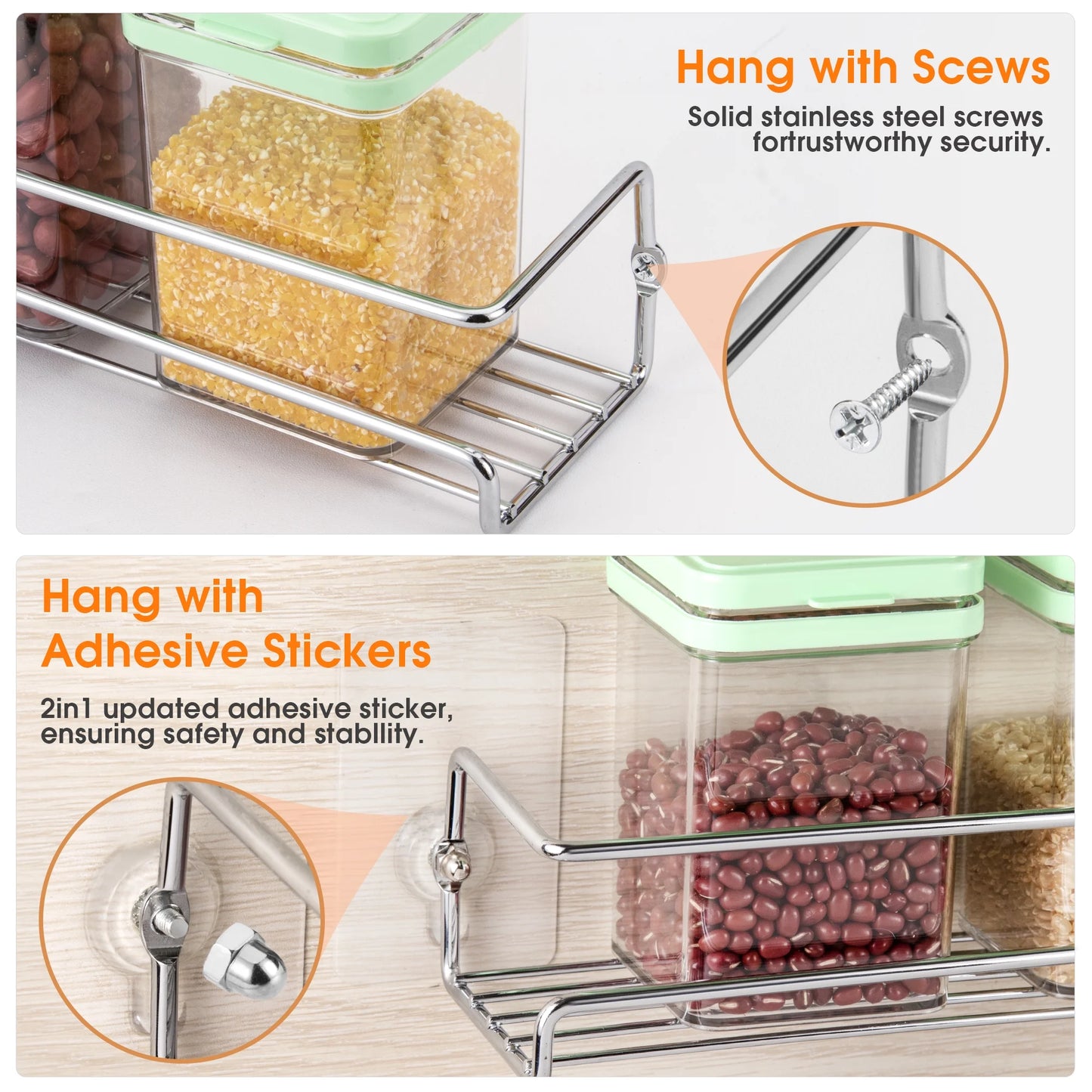 Wall Mount Spice Rack Organizer for Cabinet Door (4 Pack) - Screw or Adhesive Hanging Seasoning Shelf for Cupboard Pantry (Silver)