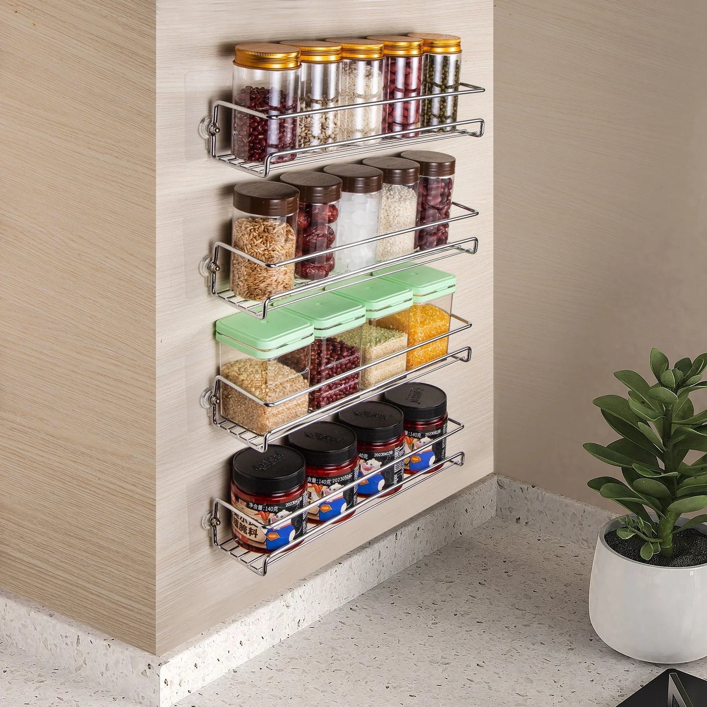 Wall Mount Spice Rack Organizer for Cabinet Door (4 Pack) - Screw or Adhesive Hanging Seasoning Shelf for Cupboard Pantry (Silver)