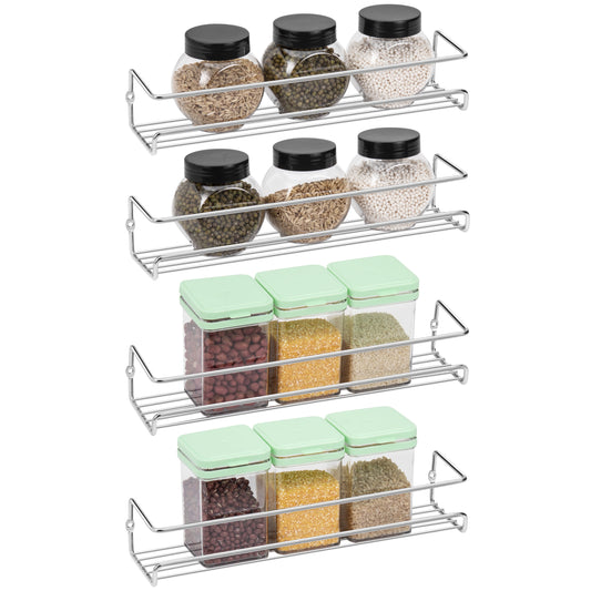 Wall Mount Spice Rack Organizer for Cabinet Door (4 Pack) - Screw or Adhesive Hanging Seasoning Shelf for Cupboard Pantry (Silver)