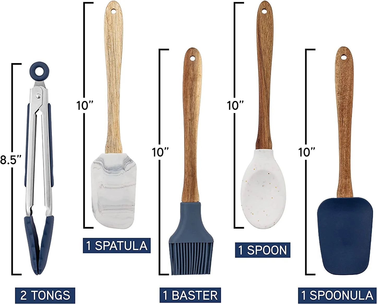 Silicone Kitchen Utensils 6 Piece Set, Spoon, Brush, Tongs, Whisk & Scraper