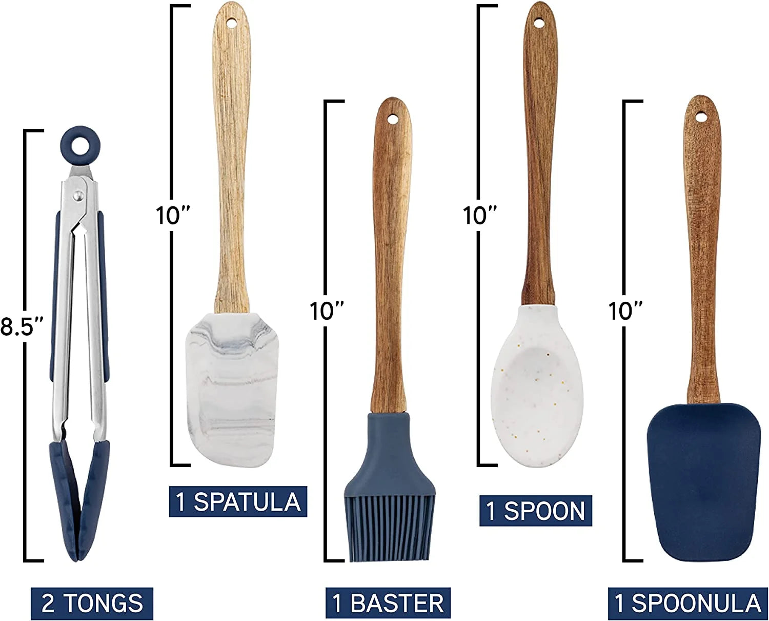Silicone Kitchen Utensils 6 Piece Set, Spoon, Brush, Tongs, Whisk & Scraper