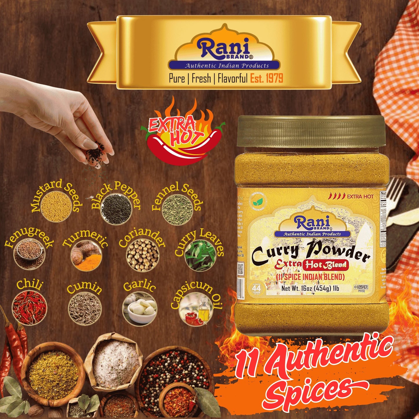 Rani Curry Powder EXTRA HOT (11-Spice Authentic Indian Blend) 16Oz (1Lb) 454G PET Jar ~ All Natural | Salt-Free | Vegan | No Colors | Gluten Friendly | NON-GMO | Kosher | Indian Origin