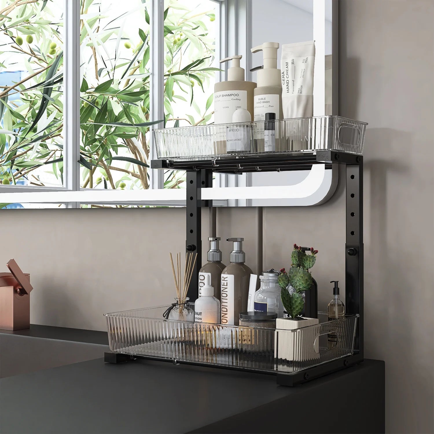 Acrylic under Sink Organizer, 2 Tier Adjuatable Pull Out Cabinet Organizer for Kitchen Bathroom Cabinet