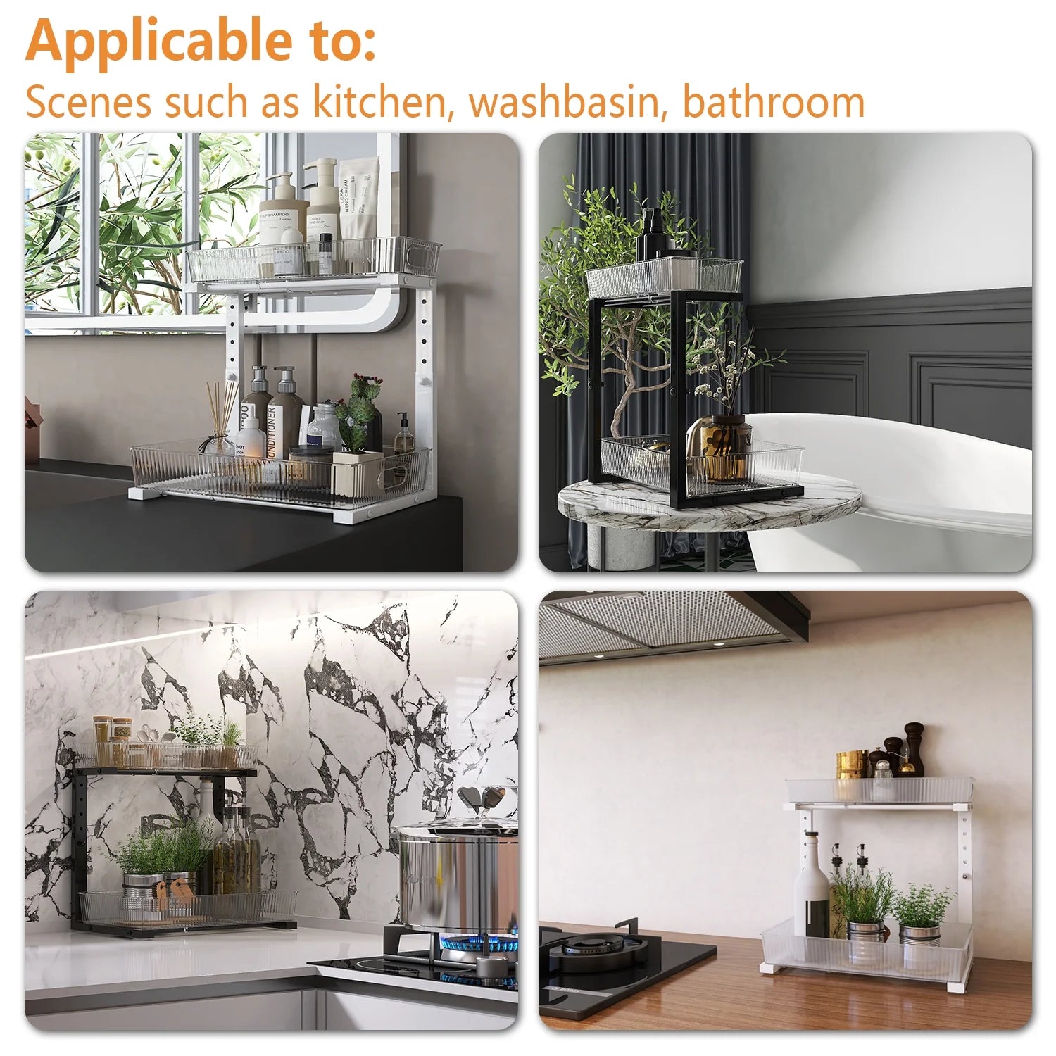 Acrylic under Sink Organizer, 2 Tier Adjuatable Pull Out Cabinet Organizer for Kitchen Bathroom Cabinet