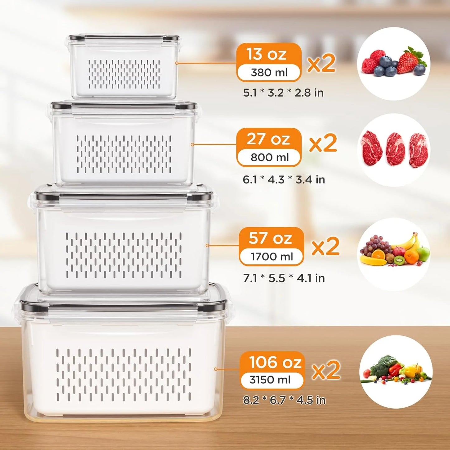 8 Pack Fruit Storage Containers for Fridge, Leakproof Fruit Containers for Fridge with Colanders, Bpa-Free Produce Storage Containers with Lids Keep Fruits, Vegetables, Berry, Meat Fresh Longer
