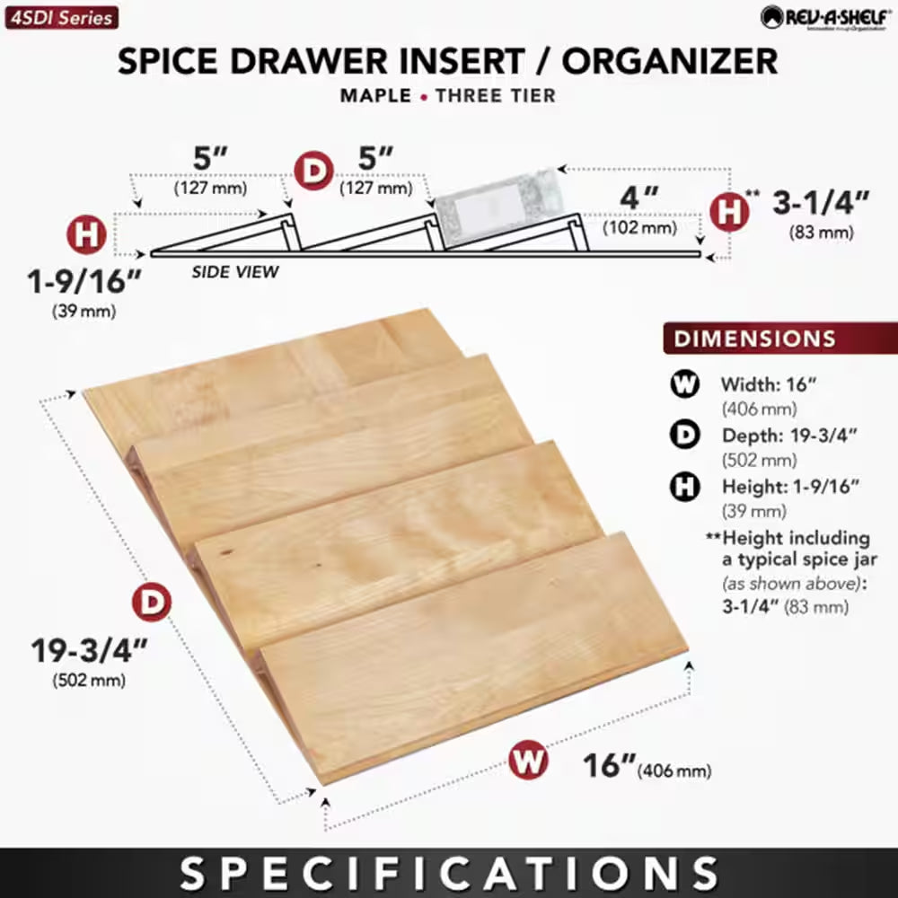 Maple 16 Inch Kitchen Drawer Organizer Insert Spice Rack 3-Tier