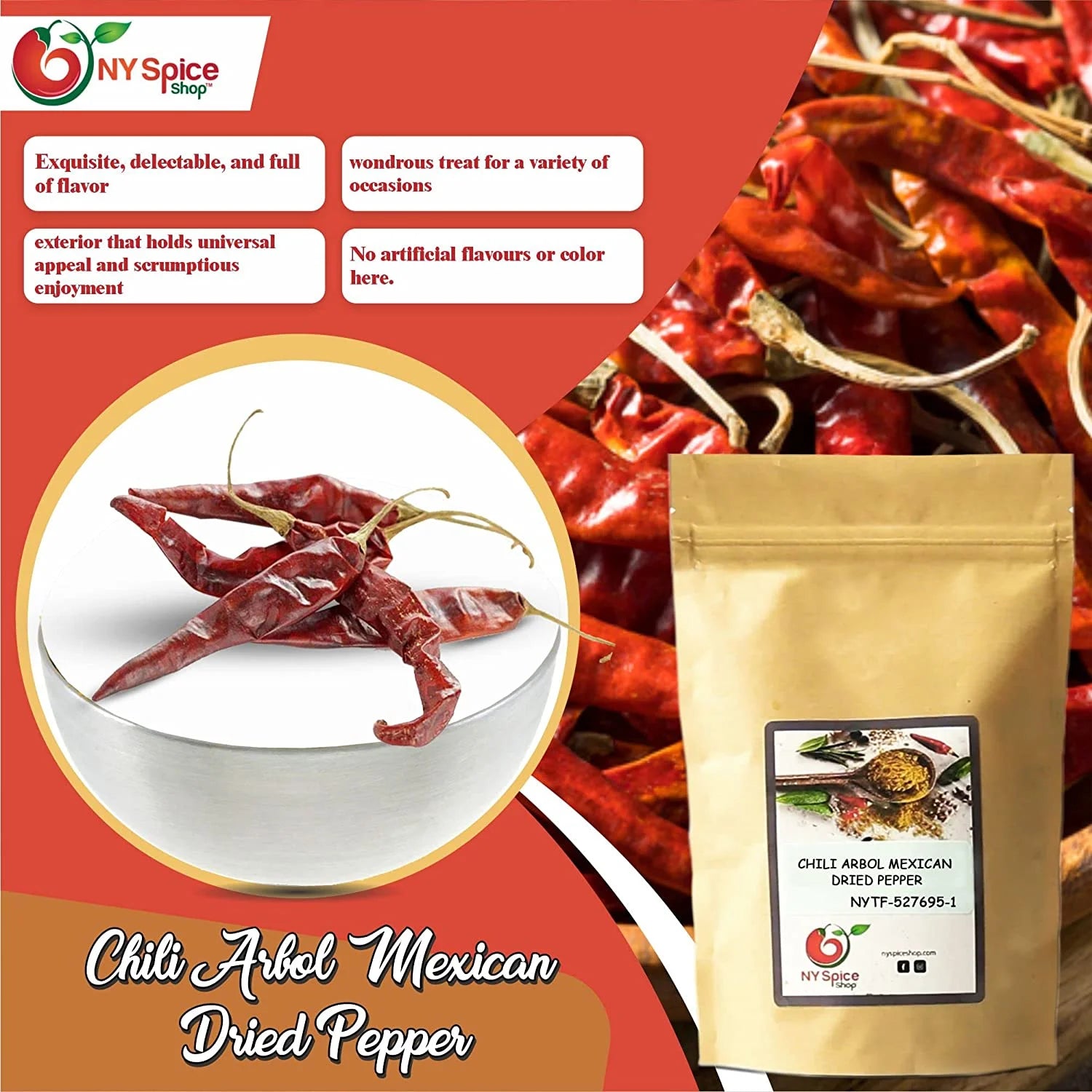 Chili De Arbol - Arbol Chiles Dried - Dried Habanero Peppers - Whole Red Arbol - 08 Oz.