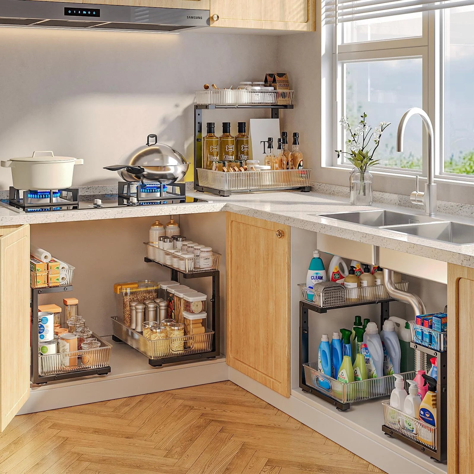 Acrylic under Sink Organizer, 2 Tier Adjuatable Pull Out Cabinet Organizer for Kitchen Bathroom Cabinet
