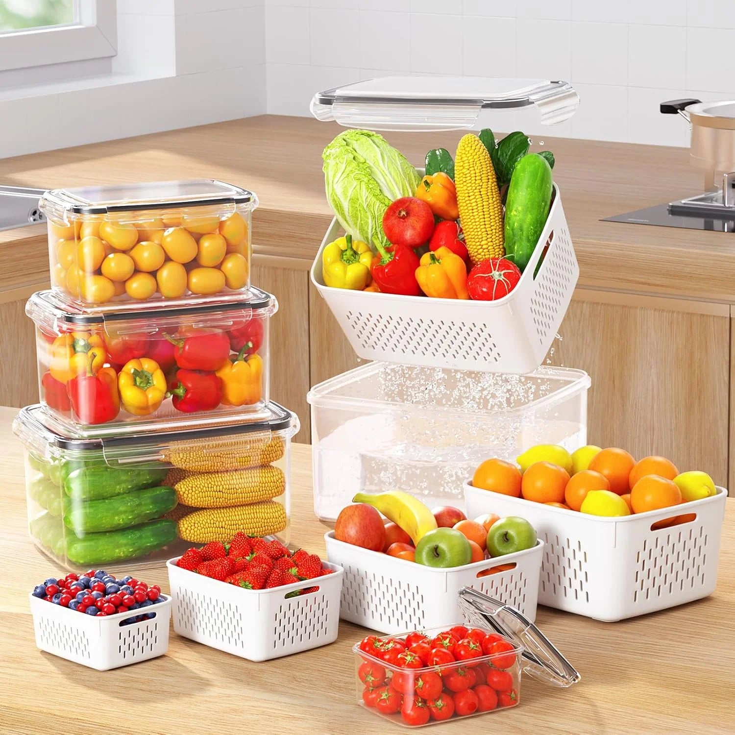 8 Pack Fruit Storage Containers for Fridge, Leakproof Fruit Containers for Fridge with Colanders, Bpa-Free Produce Storage Containers with Lids Keep Fruits, Vegetables, Berry, Meat Fresh Longer