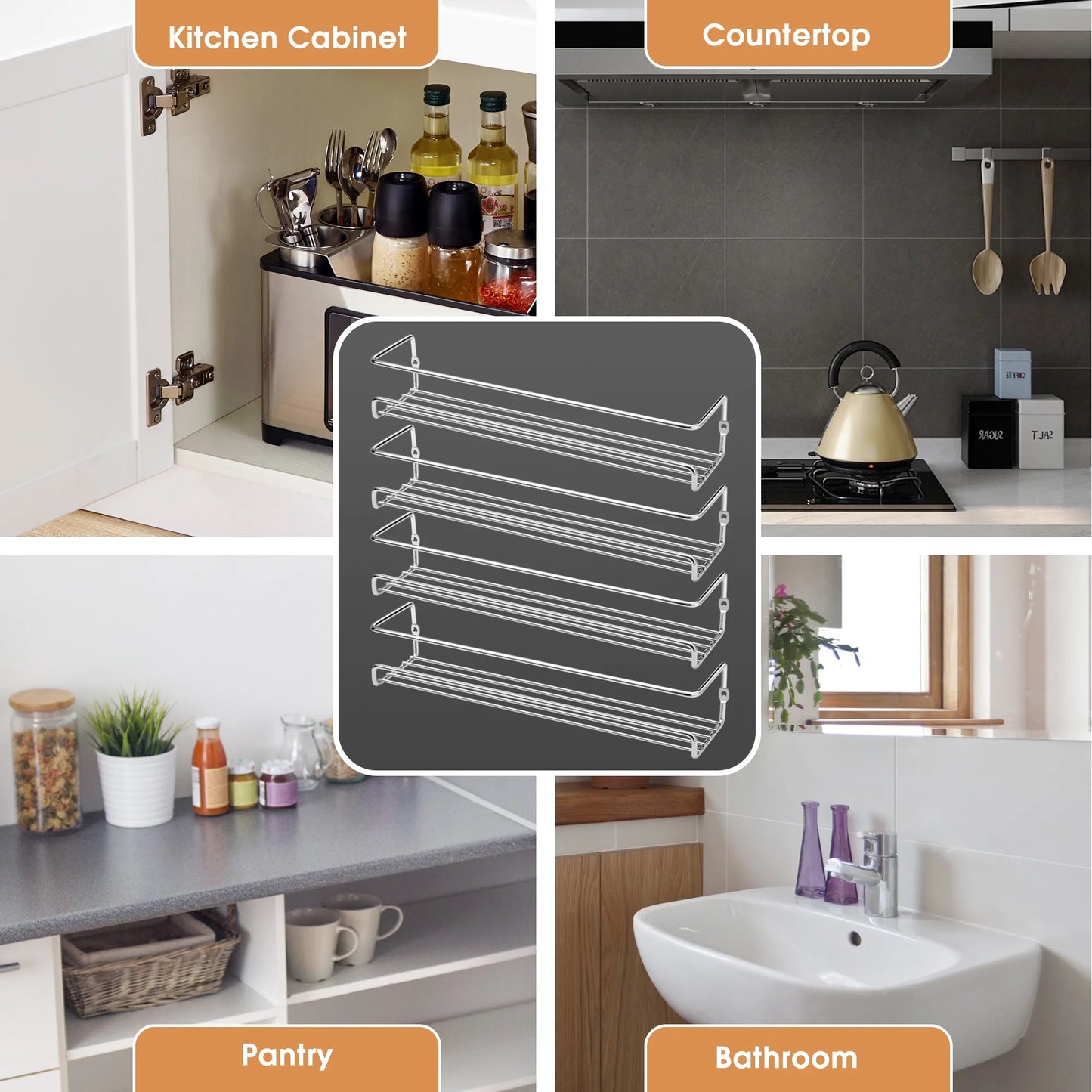 Wall Mount Spice Rack Organizer for Cabinet Door (4 Pack) - Screw or Adhesive Hanging Seasoning Shelf for Cupboard Pantry (Silver)