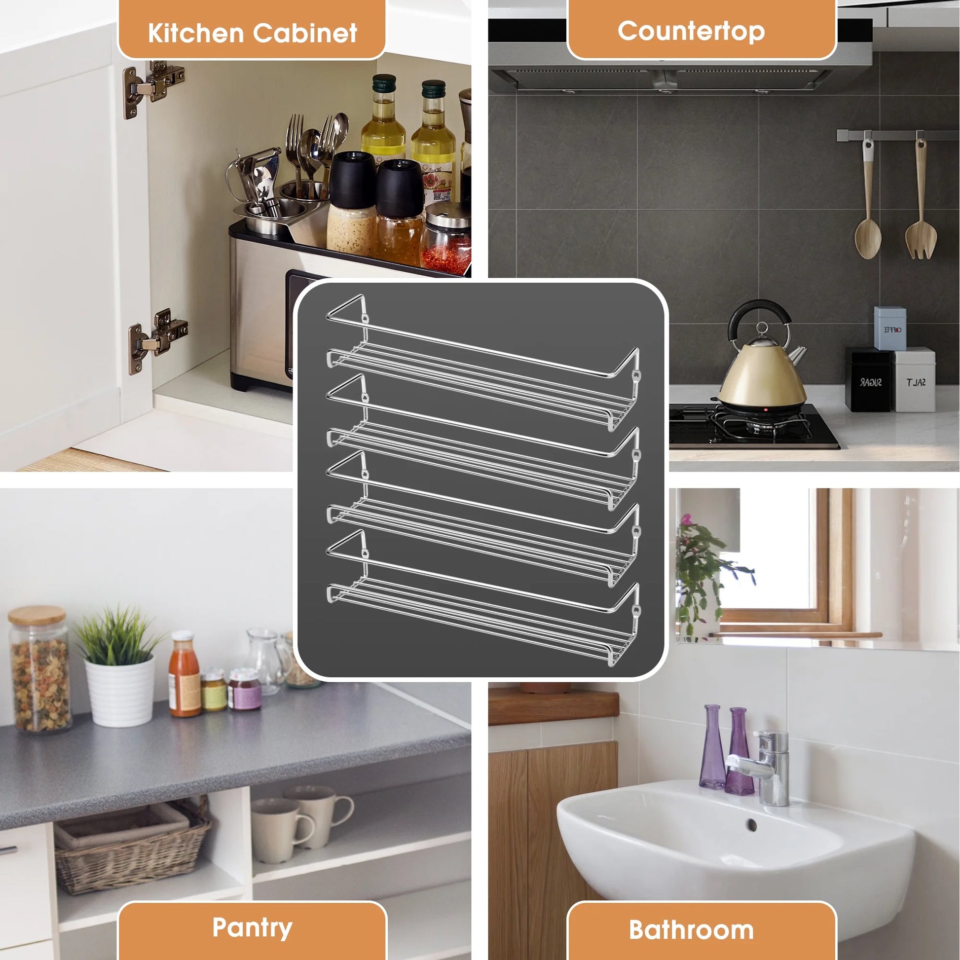 Wall Mount Spice Rack Organizer for Cabinet Door (4 Pack) - Screw or Adhesive Hanging Seasoning Shelf for Cupboard Pantry (Silver)