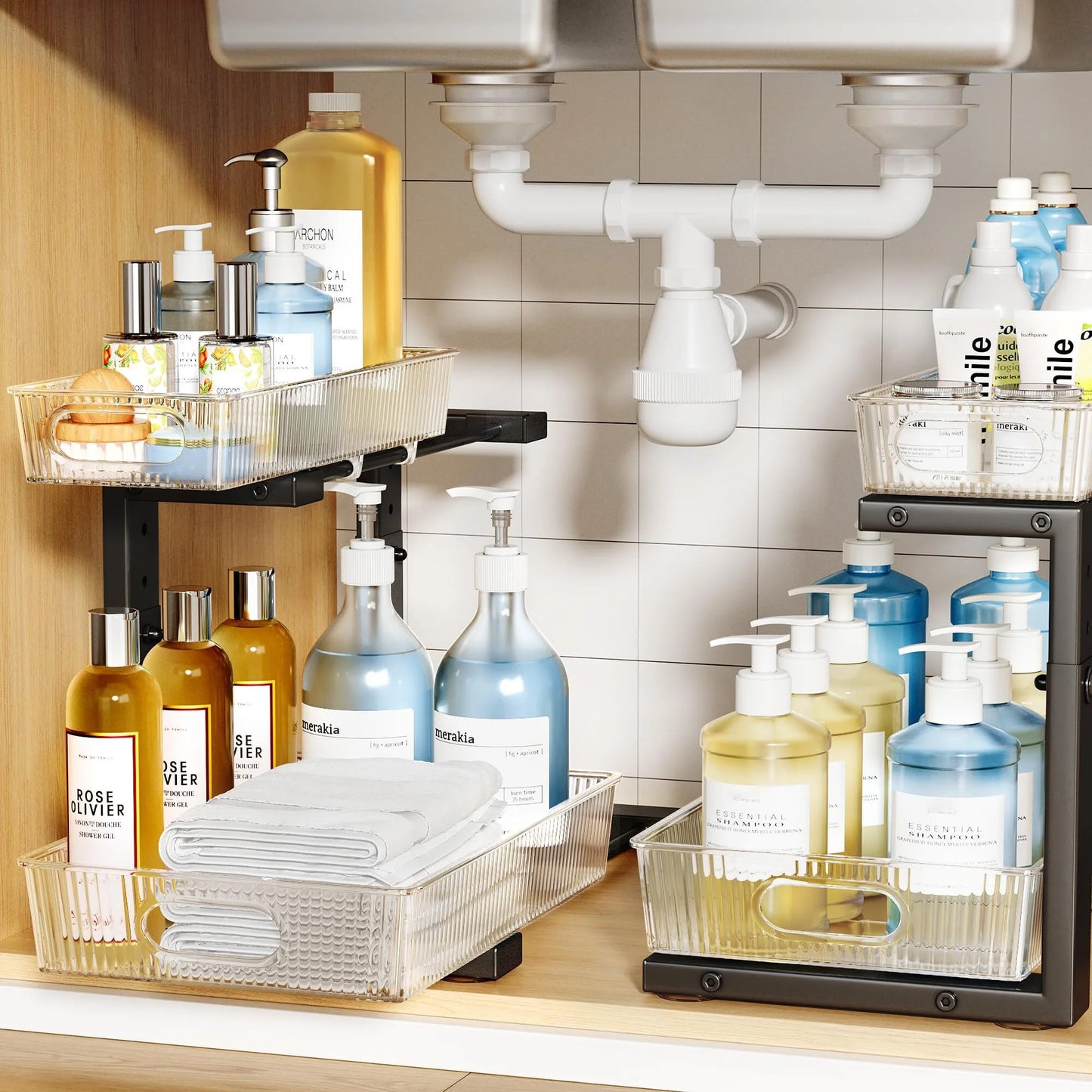 Acrylic under Sink Organizer, 2 Tier Adjuatable Pull Out Cabinet Organizer for Kitchen Bathroom Cabinet
