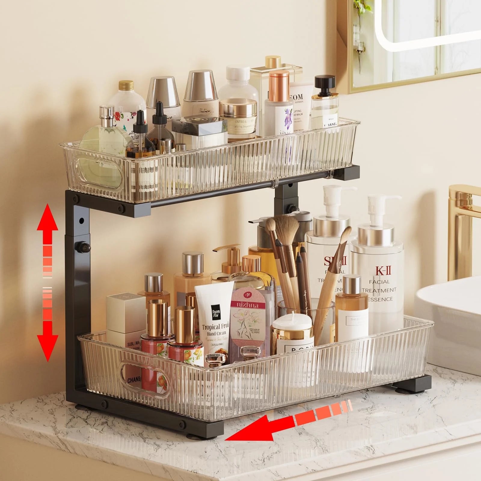 Acrylic under Sink Organizer, 2 Tier Adjuatable Pull Out Cabinet Organizer for Kitchen Bathroom Cabinet